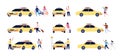 Characters and taxi. Person car passengers and taxi driver standing near car vector taxi service flat set