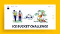 Characters Temper Landing Page Template. Swimming in Ice Hole, Skiing without Clothes. Young People Pouring Water Bucket