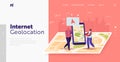 Characters Use Geolocation Positioning Landing Page Template. Tiny Man and Woman with Smartphone at Huge Map Search Way Royalty Free Stock Photo