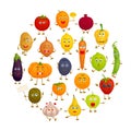 Various fruits and vegetables with face hands and feet. Emotions. Food vector character. Royalty Free Stock Photo