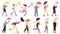 Characters walking under umbrella. People with umbrella in autumn rainy day, fall wet weather vector illustration set Royalty Free Stock Photo