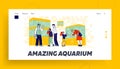 Characters Watching Fishes Swimming in Aquariums in Pet Shop Landing Page Template. Parents Buy Fish for Children