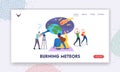 Characters Watching Meteorite Fall Landing Page Template. Man with Telescope Look on Sky with Falling Asteroids Royalty Free Stock Photo