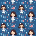 A seamless pattern: cute little American girls dressed in red, white, and blue patriotic colors, surrounded by stars