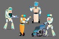 Technology in caring for patients and the disabled. Robot with prosthetic arm and wheelchair.