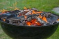 Charcoal barbecue grill, mobile brazier, burning wood