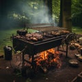 Charcoal BBQ, cast iron grill, wood-fired cooking