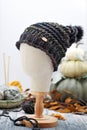 Charcoal Black Garter Stitch Handknit winter hat on mannequin head