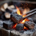 Charcoal burning with flames and glowing embers. Royalty Free Stock Photo