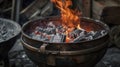 A charcoal fire burning under a large copper cauldron the source of heat for brewing the herbal concoction