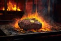charcoal grill with sizzling steak and flames