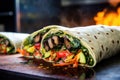 charcoal-grilled veggie wrap, smoke rising up