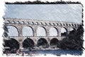 Charcoal impression of the Pont du Gard, an ancient Roman aqueduct bridge built in the first century AD to carry water in south of