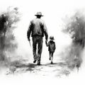 Realistic Watercolor Painting: Father And Child Walking In Rural Landscape
