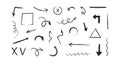 Charcoal scribble hand drawn sketch, arrow brush, line pencil, crayon stroke, mark sketch, chalk doodle, black grunge texture Royalty Free Stock Photo