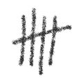 Charcoal tally mark. Black sticks sorted by four and crossed out by slash line. Day counting symbol on jail wall. Unary