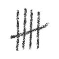 Charcoal tally mark. Four hand drawn sticks crossed out by slash line. Day counting symbol on prison wall. Unary numeral