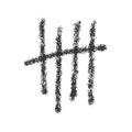 Charcoal tally mark. Hand drawn sticks sorted by four and crossed out by slash line. Day counting symbol on jail wall