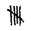 Charcoal tally mark. Hand drawn sticks sorted by four and crossed out by slash line. Day counting symbol on prison wall