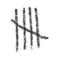 Charcoal tally mark sign isolated on white background. Four black sticks crossed out by slash line. Day counting symbol