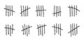 Charcoal tally marks. Hand drawn sticks sorted by four and crossed out by slash line. Day counting symbols on prison