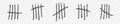 Charcoal tally marks isolated on transparent background. Set of day counting symbols. Four hand drawn sticks crossed out