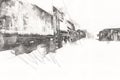 Charcoal, train, locomotive, steam, photography, rusty, wagon, train, art, illustration, drawing, sketch, antique, retro, vintage.