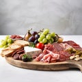 Charcutarie board close up on ligh grey background. Appetizers board with assorted cheese, slices meat, prosciutto, grape, fruits