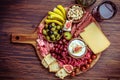 Charcuterie, antipasti platter with assortment of italian salami, cheese, camembert and olives