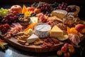 charcuterie board with assorted cheeses and fruits