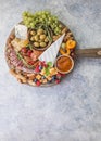 Charcuterie board. Cheese platter. Assortment of tasty appetizers or antipasti. Top view. Copy space