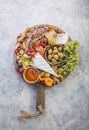 Charcuterie board. Cheese platter. Assortment of tasty appetizers or antipasti. Top view. Copy space Royalty Free Stock Photo