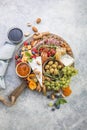 Charcuterie board. Cheese platter. Assortment of tasty appetizers or antipasti. Top view. Copy space Royalty Free Stock Photo