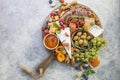Charcuterie board. Cheese platter. Assortment of tasty appetizers or antipasti. Top view. Copy space Royalty Free Stock Photo