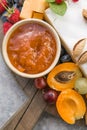 Charcuterie board. Cheese platter. Assortment of tasty appetizers or antipasti. Top view. Copy space Royalty Free Stock Photo