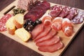 Charcuterie board with cured meat and olives Royalty Free Stock Photo