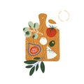 Charcuterie board illustration. Appetizers board with cheese, strawberry, grape and fig. Charcuterie and cheese platter