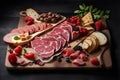 Charcuterie board with Spanish jamon pork sausage. Generative AI