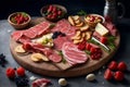 Charcuterie board with Spanish jamon pork sausage. Generative AI