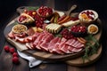 Charcuterie board with Spanish jamon pork sausage. Generative AI