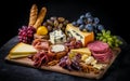 Antipasto platter with prosciutto crudo or jamon, ham, salami, cheese, olives and grapes/ Elegant charcuterie board Royalty Free Stock Photo