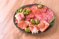 Charcuterie plate with meat appetizer, variety of sausages - salami, bresaola, proscuitto served with olives Royalty Free Stock Photo