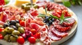 Charcuterie plate with prosciutto salami cheese and berries olives Aperitif Antipasti Italian table