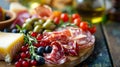 Charcuterie plate with prosciutto salami cheese and berries olives Aperitif Antipasti Italian table Royalty Free Stock Photo