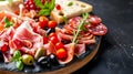 Charcuterie plate with prosciutto salami cheese and berries olives Aperitif Antipasti Italian table Royalty Free Stock Photo