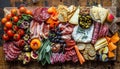Charcuterie platters adorned with a selection of charbon, cheese, meat, and fruit, AI-generated. Royalty Free Stock Photo