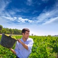 Chardonnay harvesting with harvester farmer winemaker