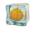 Charentais melon frozen in ice cube, 3D rendering Royalty Free Stock Photo