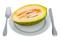 Charentais melon on plate with fork and knife, 3D rendering Royalty Free Stock Photo