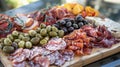 A charerie board with a variety of cured meats olives and pickled vegetables perfect for sharing and mingling under the